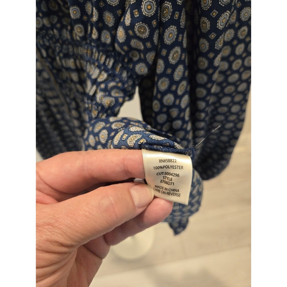 Max Studio Size L Blue Geo Print Smocked Waist V-Neck Long Sleeve Blouse Top - Picture 7 of 12